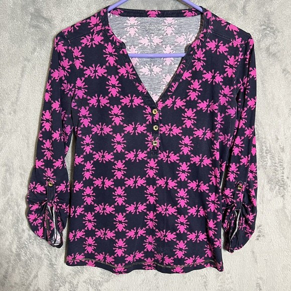 Lilly Pulitzer Tops - Lilly Pulitzer Basic Shirt Size S Pink Blue Frogs Pima Cotton V-Neck‎ Stretch